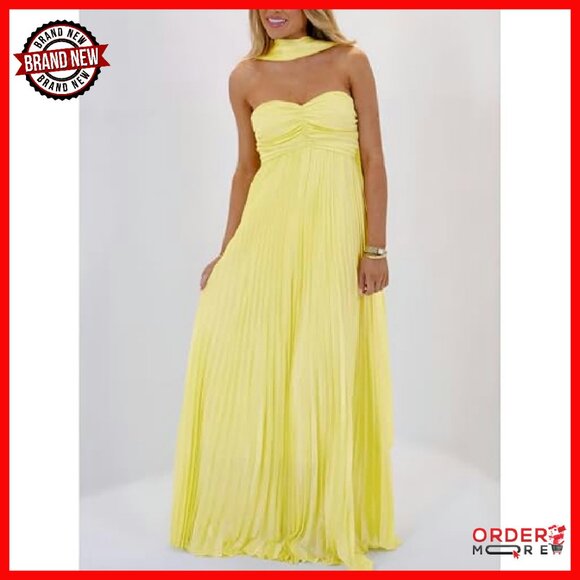 Strapless Satin Formal Gown with Scarf Pleated Maxi Dress - Picture 5 of 8